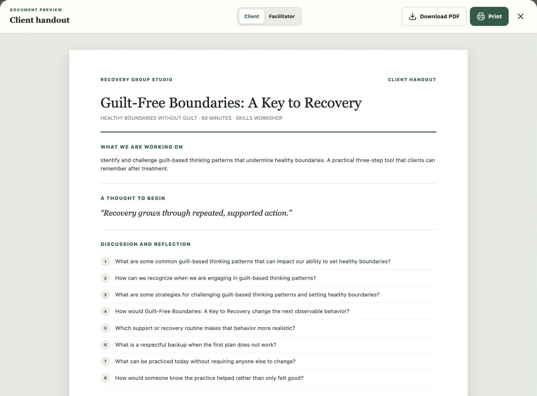 Actual client handout preview with discussion prompts, Download PDF, and Print controls