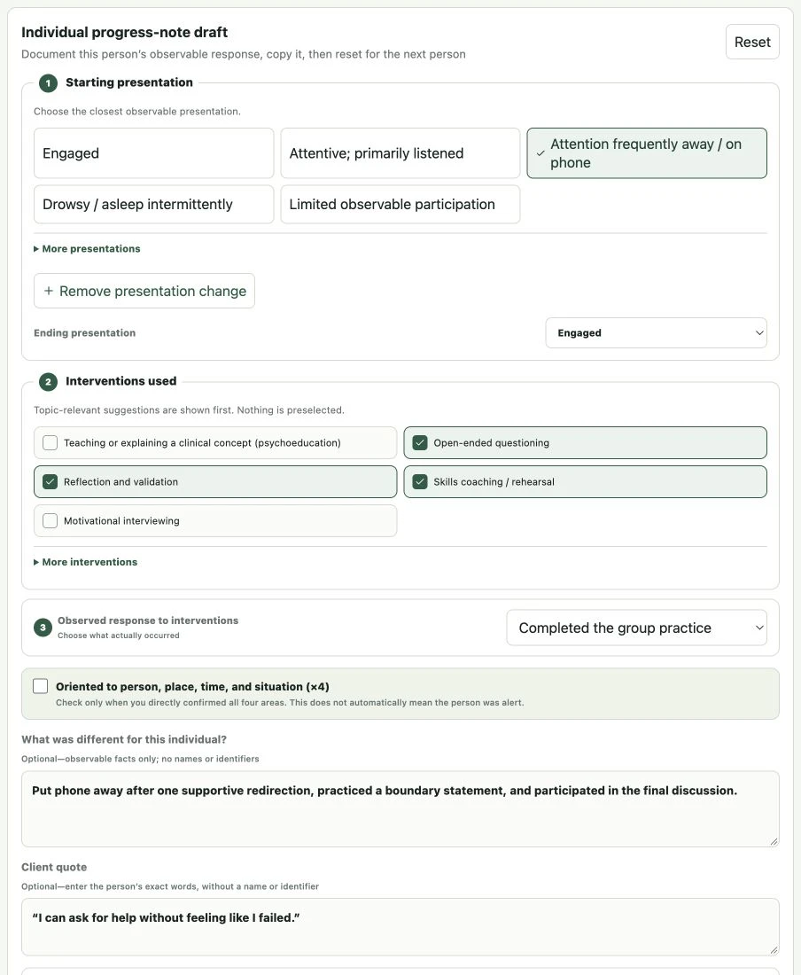 Actual individual progress-note builder showing a presentation change, selected interventions, an observed response, a person-specific detail, and an optional exact client quote